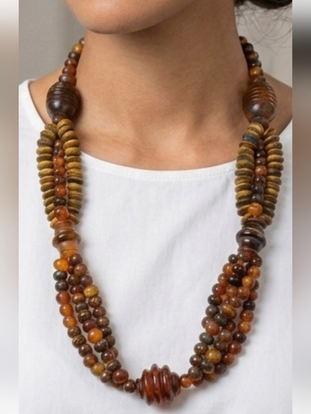 Vintage Multi-Strand Necklace – Carved Bovine Horn & Amber-Tone Beads